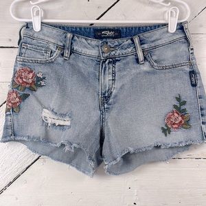 Silver Jeans Co. Embroidered Denim Distressed Raw Hem Shorts Size 30